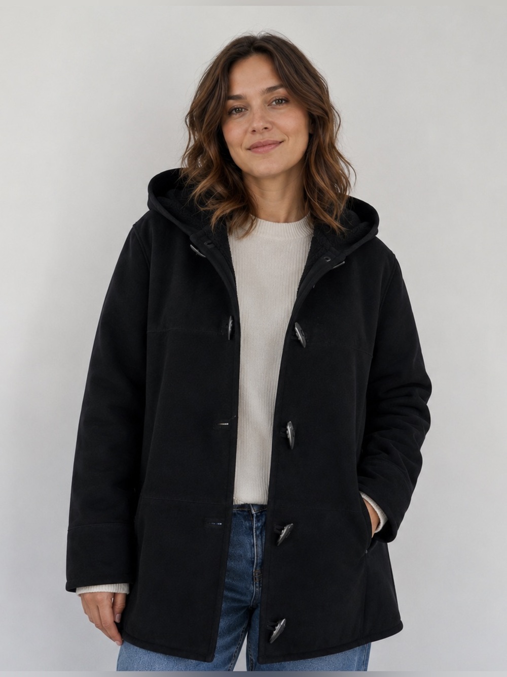 Lauren Ralph Lauren Black Hooded Toggle Coat Sherpa Lined Faux Suede MP